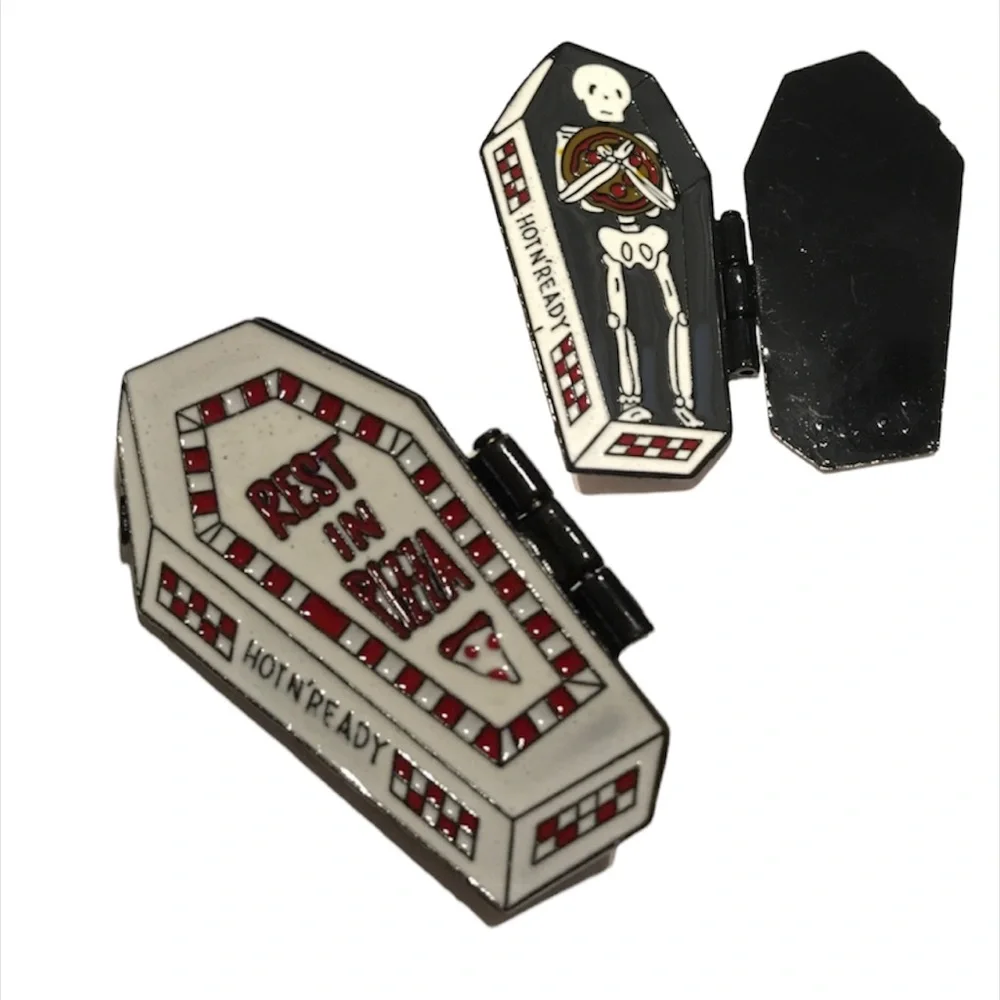 Pizza Coffin Skeleton Pin NEW Rest in Pizza Brooch Halloween Opening Hot n Ready